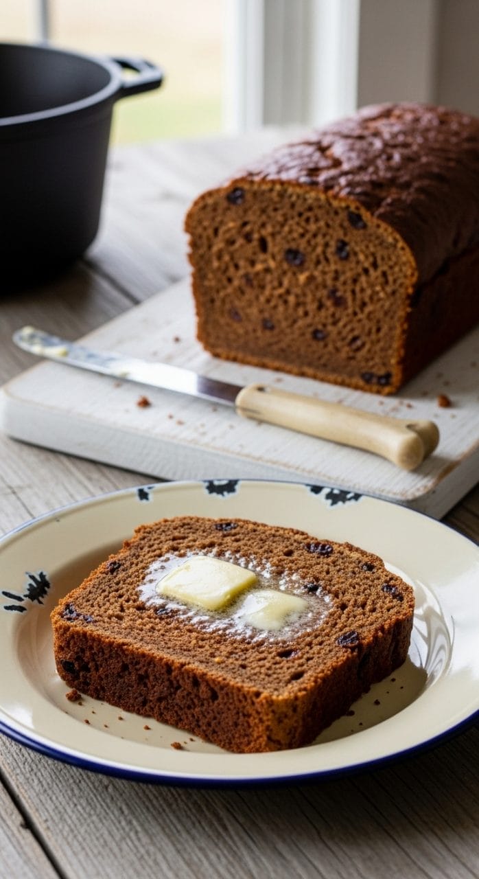Sliced Boston brown bread on a vintage enamel plate with melting butter