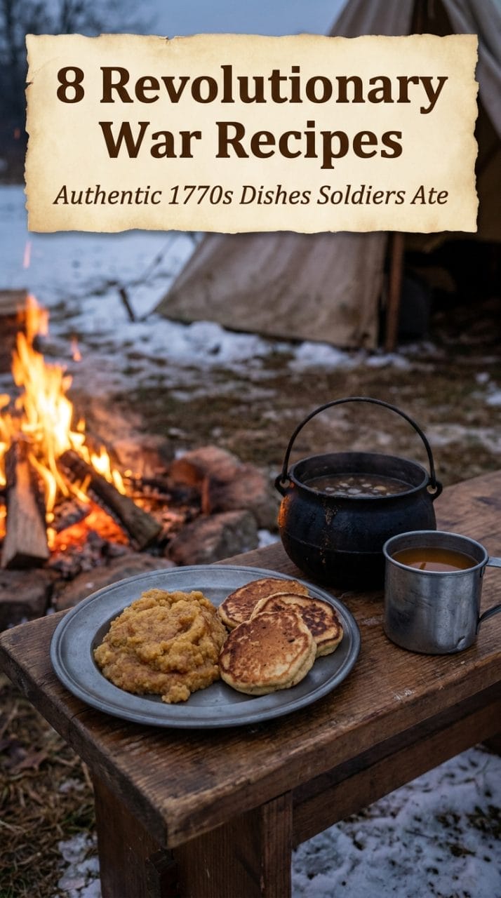 Revolutionary War campfire dinner setup with vintage cookware