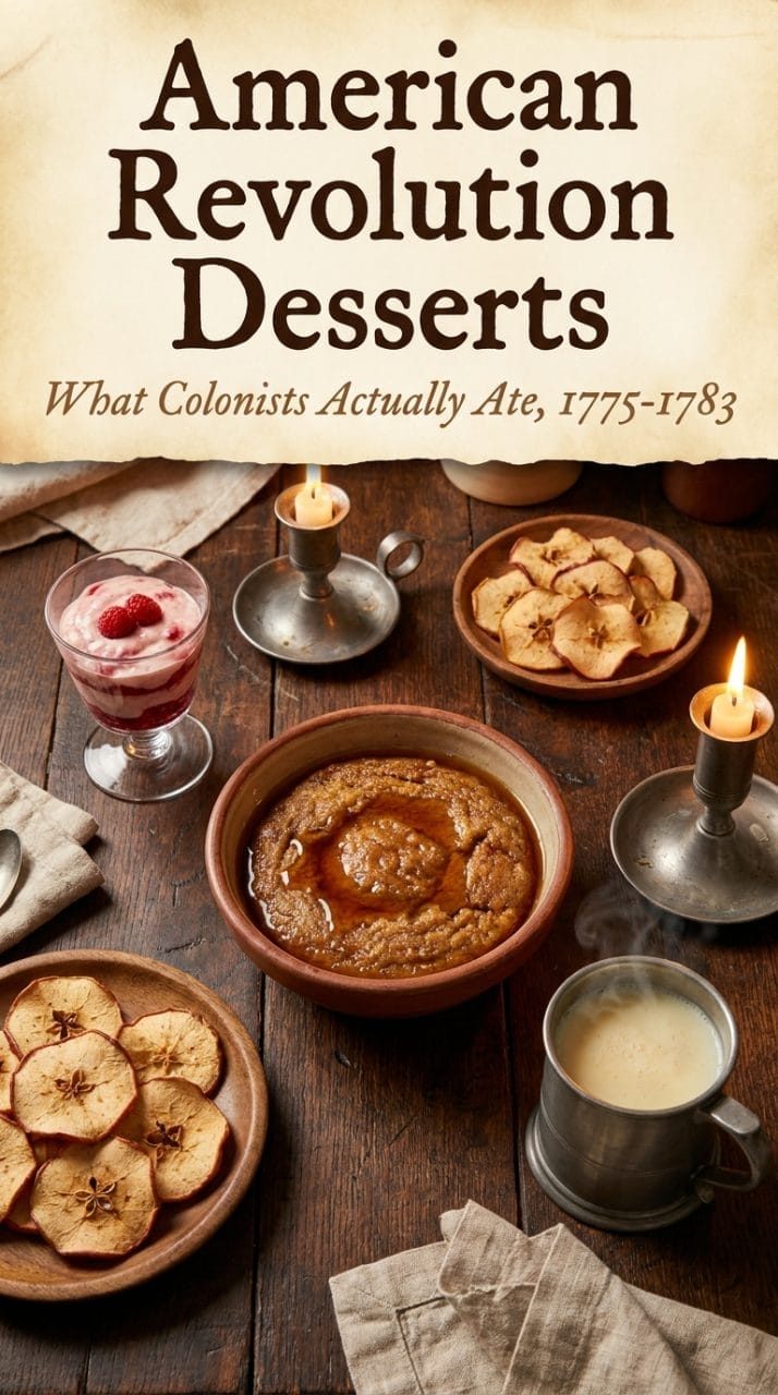 Colonial 18th-century dessert spread on oak table